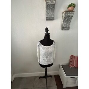 Y2K Finejo Boho White Floral Lace Off Shoulder Long Sleeve Top L  juniors
